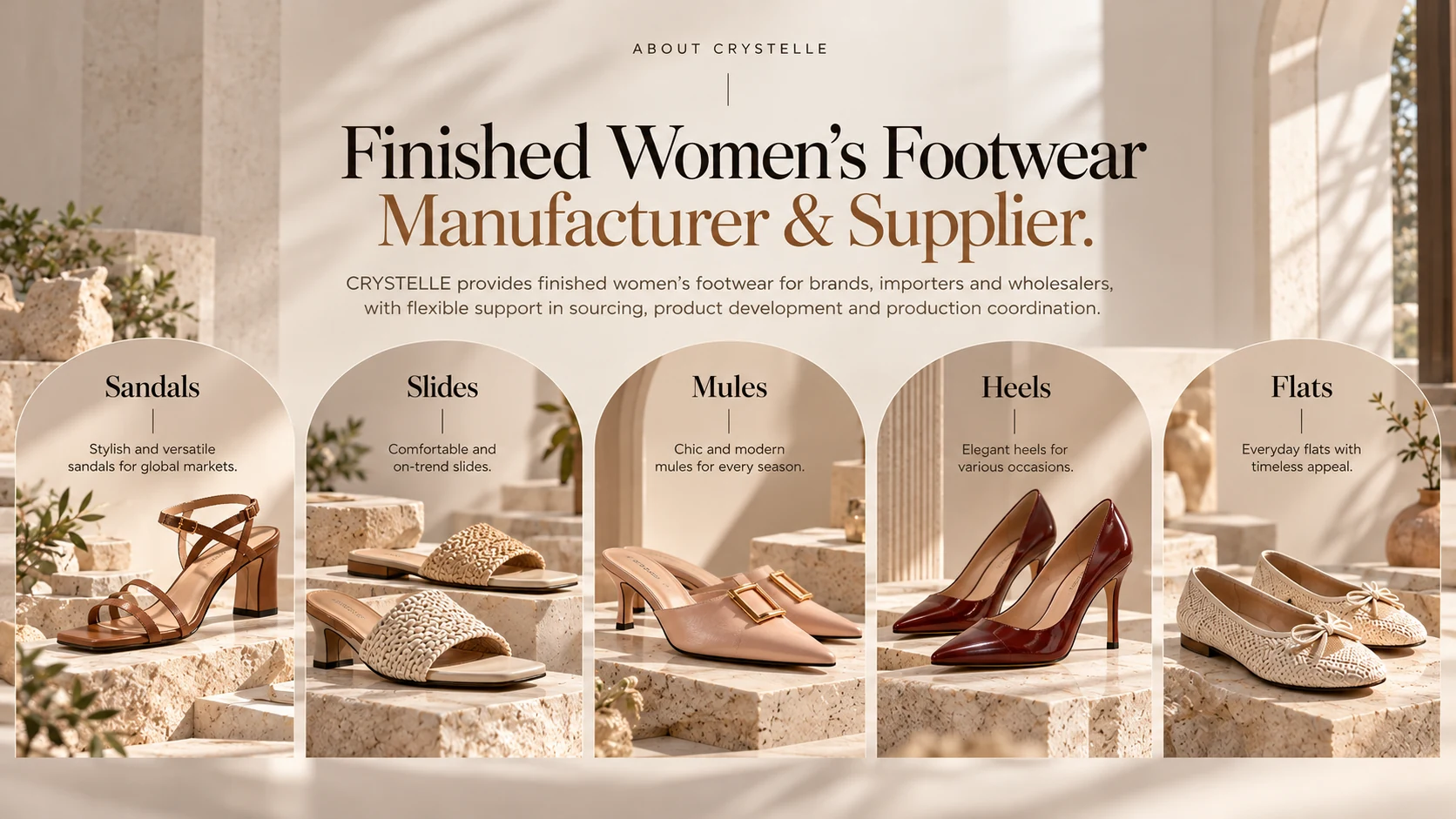 CRYSTELLE finished women's footwear categories including sandals, slides, mules, heels and flats