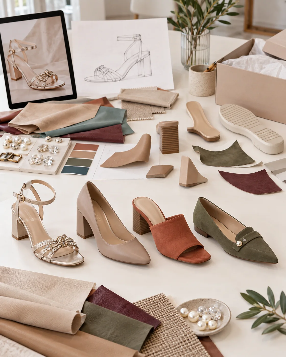 Custom women's footwear development with multiple shoe samples, materials, components and packaging