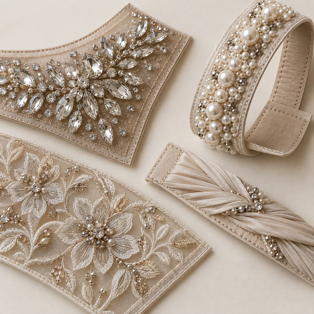 Decorative footwear design with crystal straps, pearl beading and embroidered details