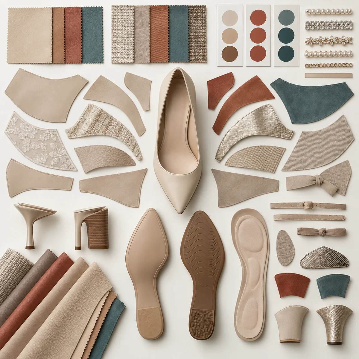 Footwear customization board with silhouettes, materials, decorations, colour cards, soles and heel options