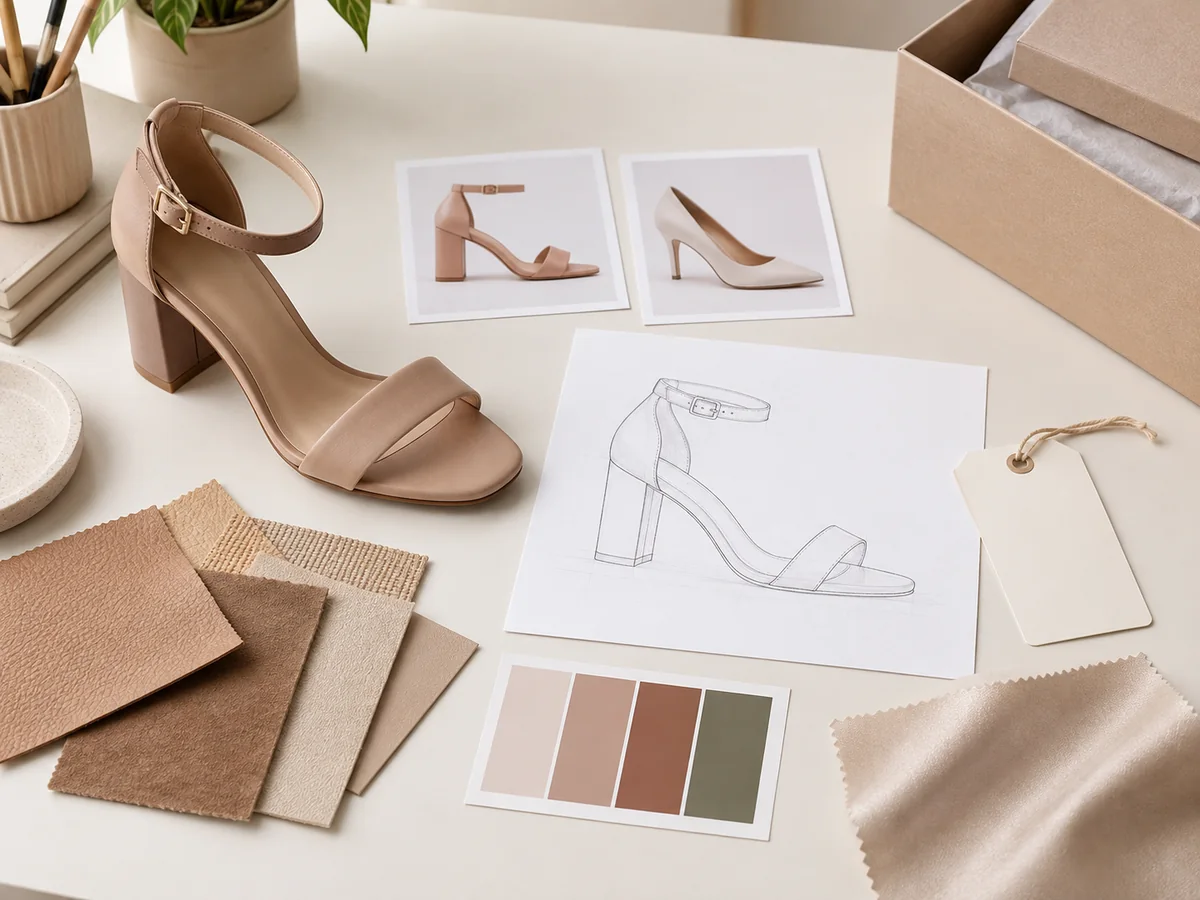 Private label shoe development brief with a women's shoe sample, design sketch, material board and packaging box