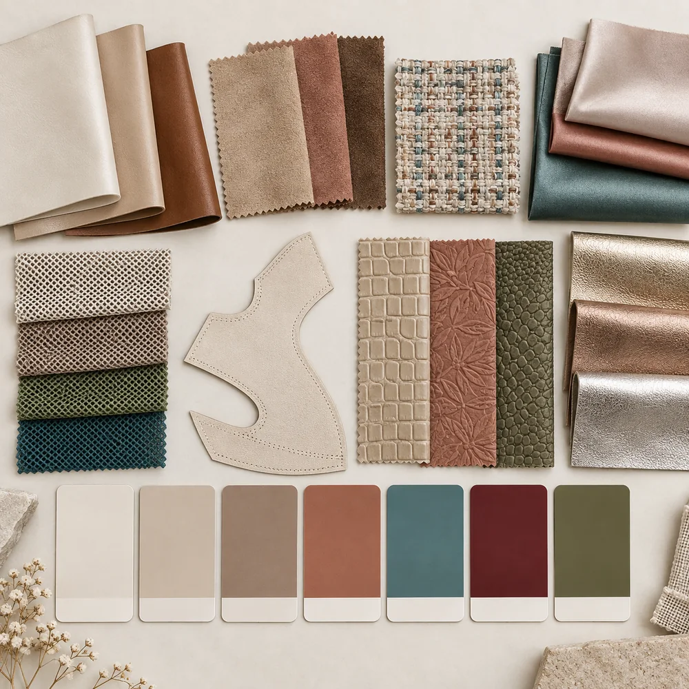 Shoe material customization with leather, suede, fabric, mesh, textures and neutral colour cards