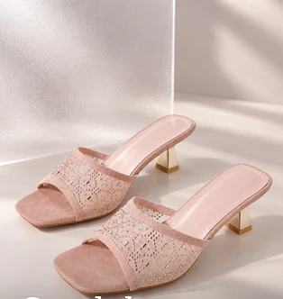 Pink embellished women's sandals with open toes and slim heels