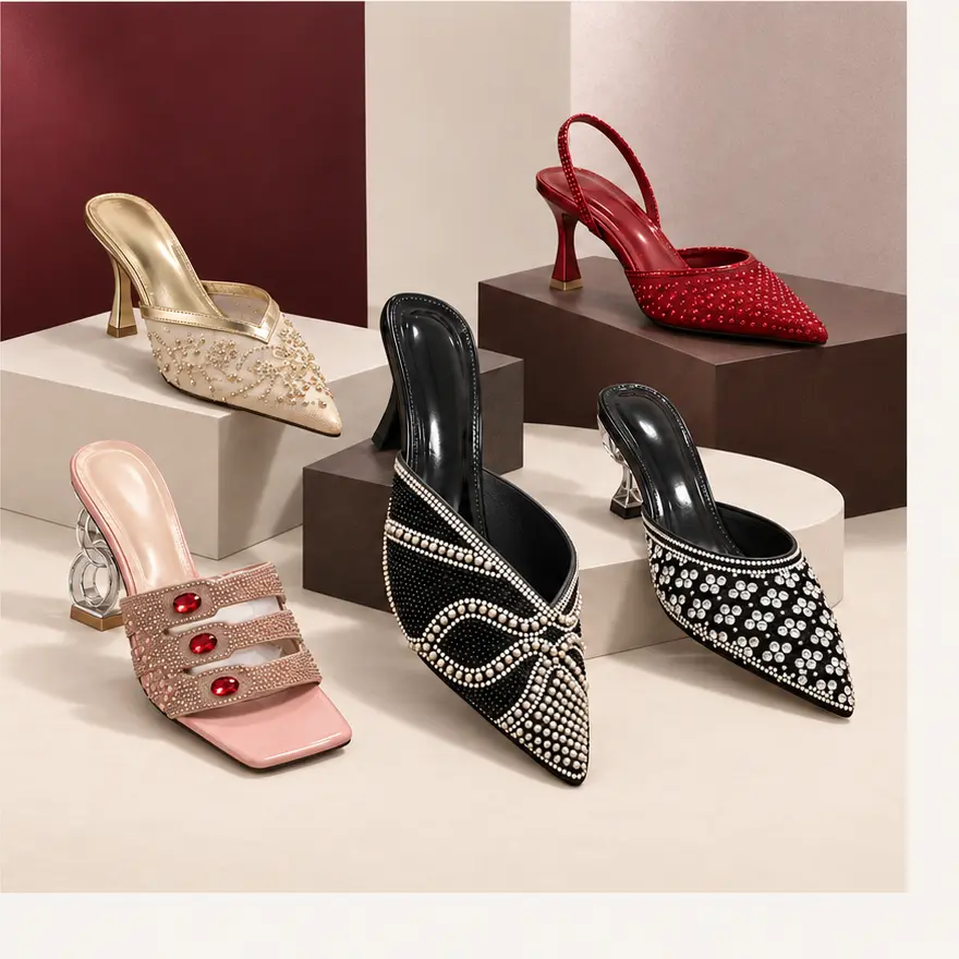 Decorative women's footwear with rhinestone, crystal, pearl and beaded details