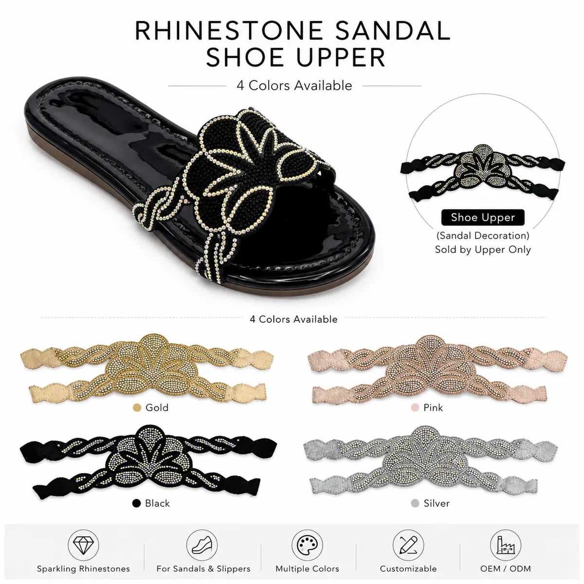 Finished sandal with decorative rhinestone embellishment